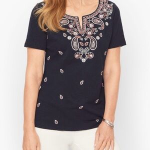 Talbots Paisley Embroidered T-Shirt Top Sz M Red White‎ & Blue 4th Of July EUC